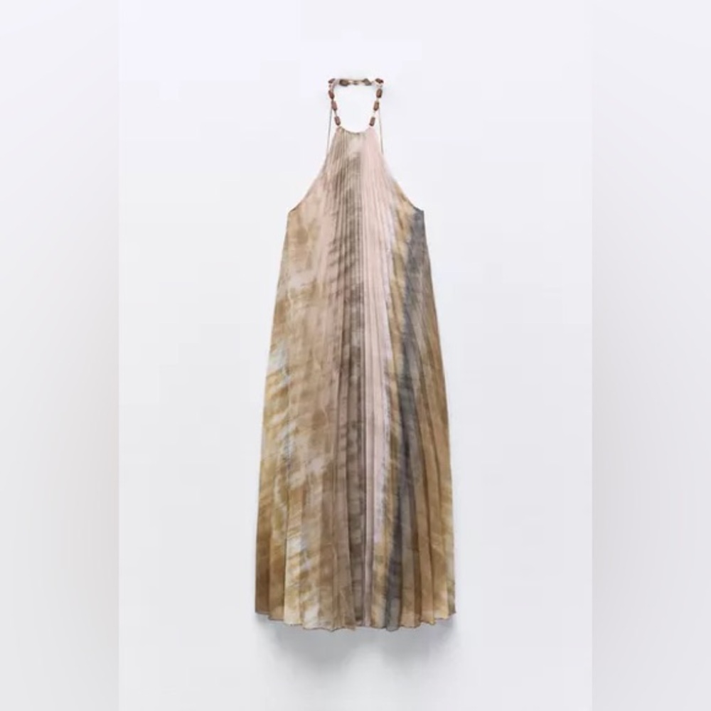 Zara Pleated Halter Maxi Dress in Beige and Light Pink Tie-Dye